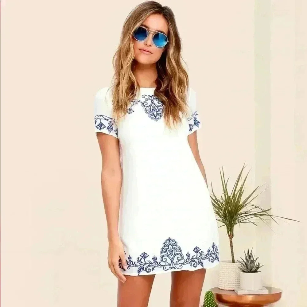Lulu's Elegant White Mini Dress with Blue Embroidery
